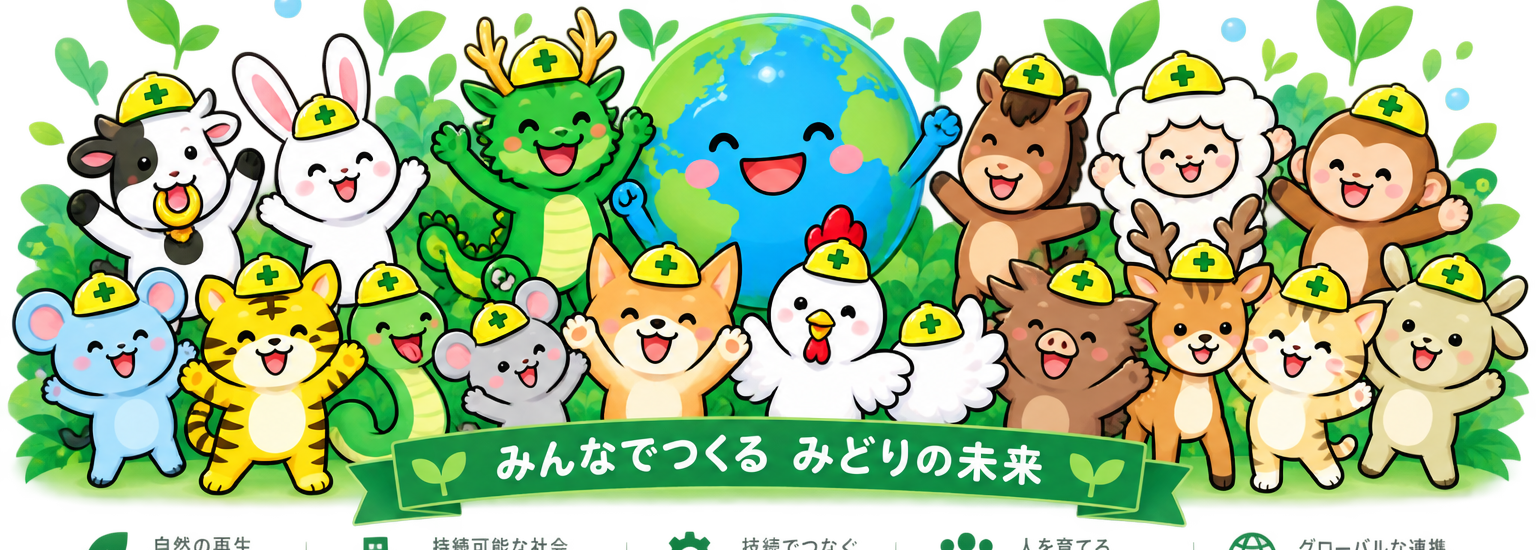 GENTEEFの地球と環境キャラクターが未来の森を囲む集合イラスト