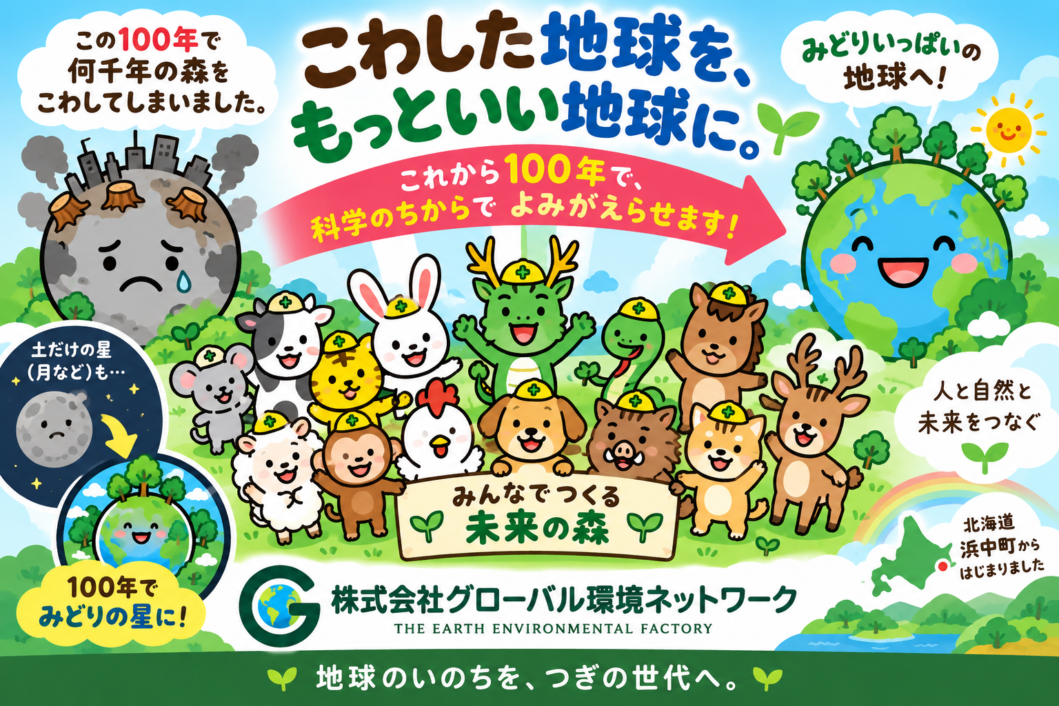 森林の破壊から環境再生、緑豊かな地球へ向かうGENTEEFのコンセプトアート
